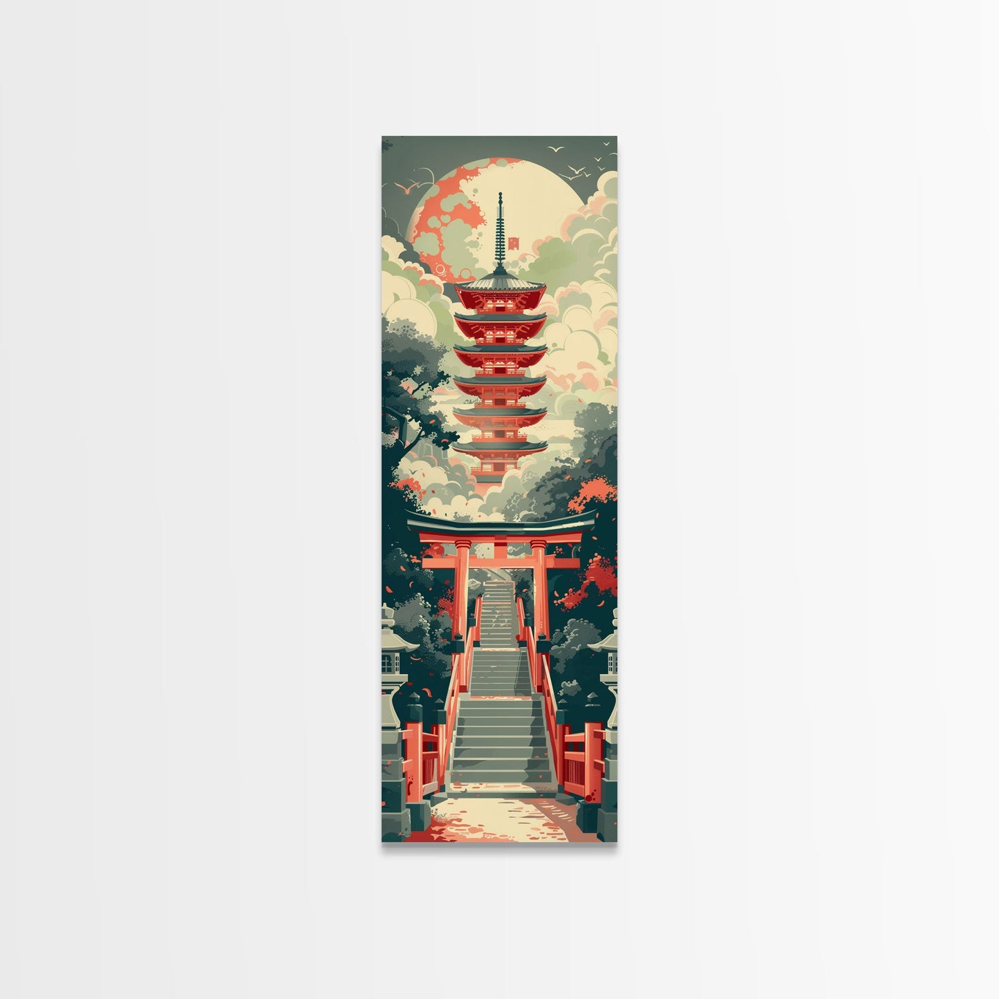 Japanese Style Art, Tall Art, Skinny Art, Pagoda Temple Wood Block Print Framed Canvas Print Ukiyo-e Art