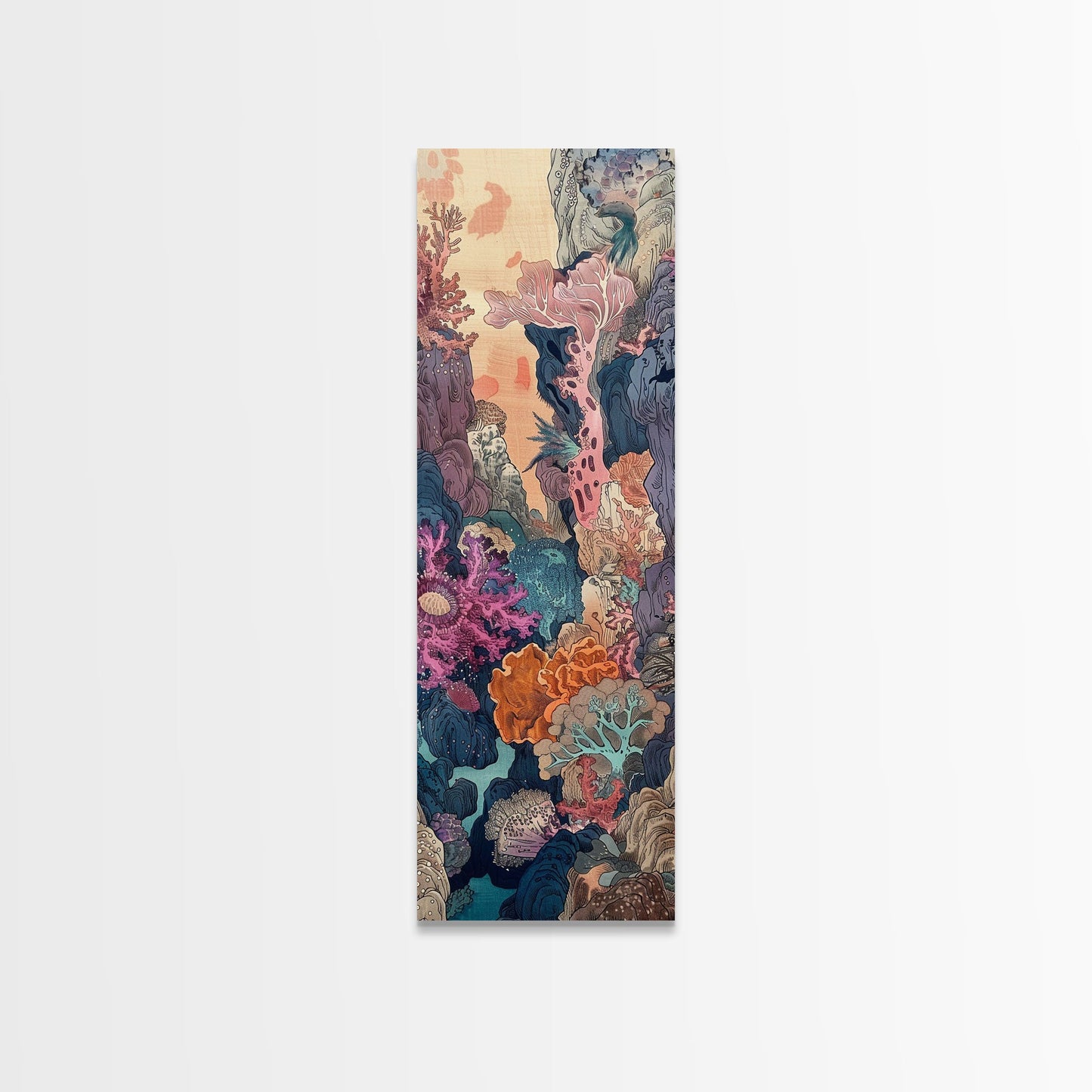 Framed Canvas Print Of A Coral Reef Scene Filled With Vibrant Marine Life, Skinny Art, Tall Art, Japanese Style Art, Ukiyo-e Art, Wood Block Print