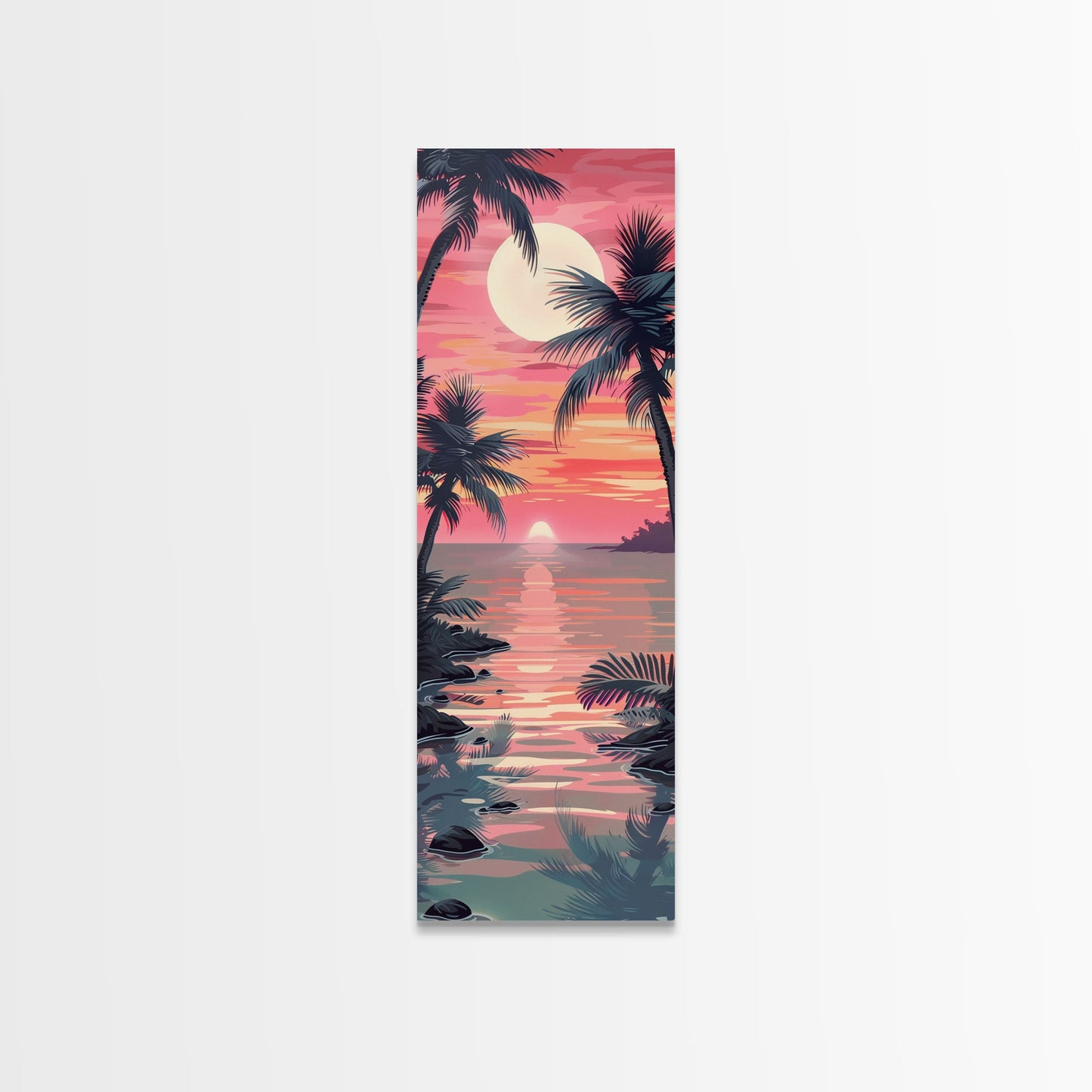 Serene Sunset With Palm Trees And Tranquil Ocean Reflection Ukiyo-e Wood Block Tall Skinny Art Framed Canvas Print