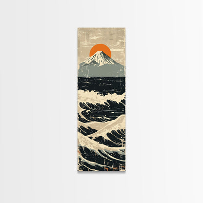 Skinny Art Tall Art Framed Canvas Print Japanese Style Art Vintage Mount Fuji Sun And Waves Wood Block Print Ukiyo-e Feng Shui Wall Art