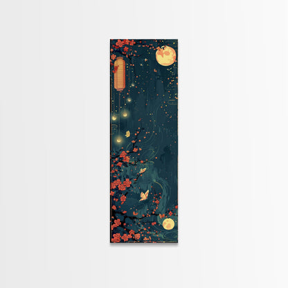 Tall Skinny Art Japanese Style Wood Block Print Night Scene With Lanterns And Cherry Blossoms For Framed Canvas Print In Ukiyo-e Style