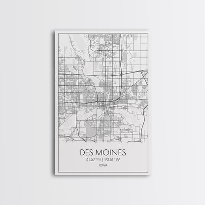 Des Moines Street Map, Iowa Map, City Map Art, Minimalist Art, Wall Art, Canvas Print, Girlfriend Gift, Travel Wall Art, Dorm Room Art
