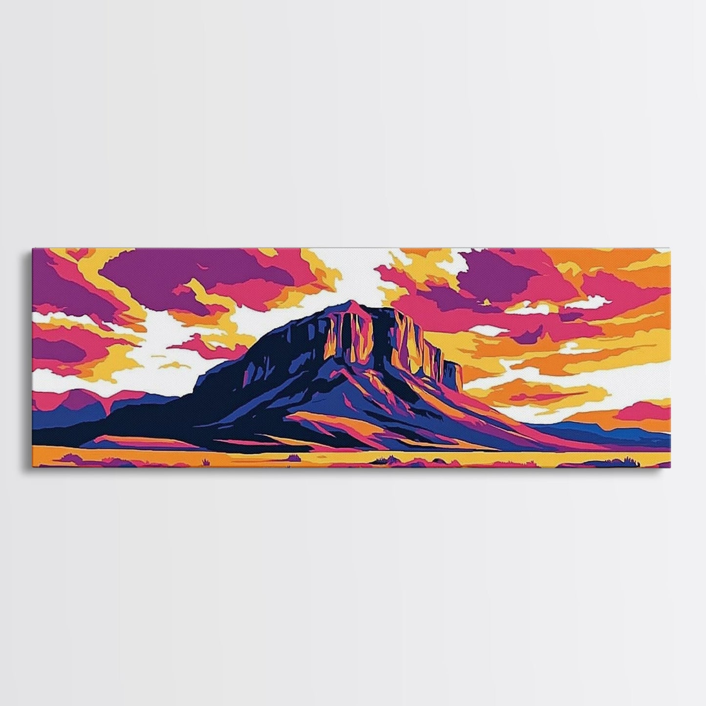 Colorful Desert Landscape, Joshua tree art, southwest wall art, pink orange wall art, extra wide art, panoramic painting, Framed Canvas Print