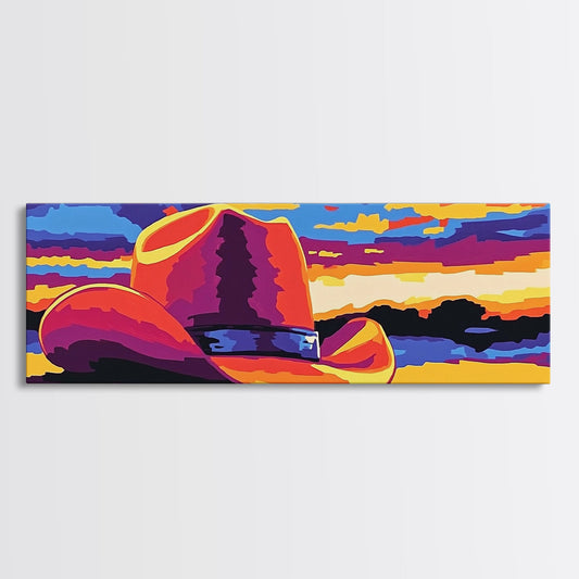 Western Sunset Art, cowboy hat painting, rustic wall art, southwest wall art, extra wide art, framed canvas print, panoramic painting