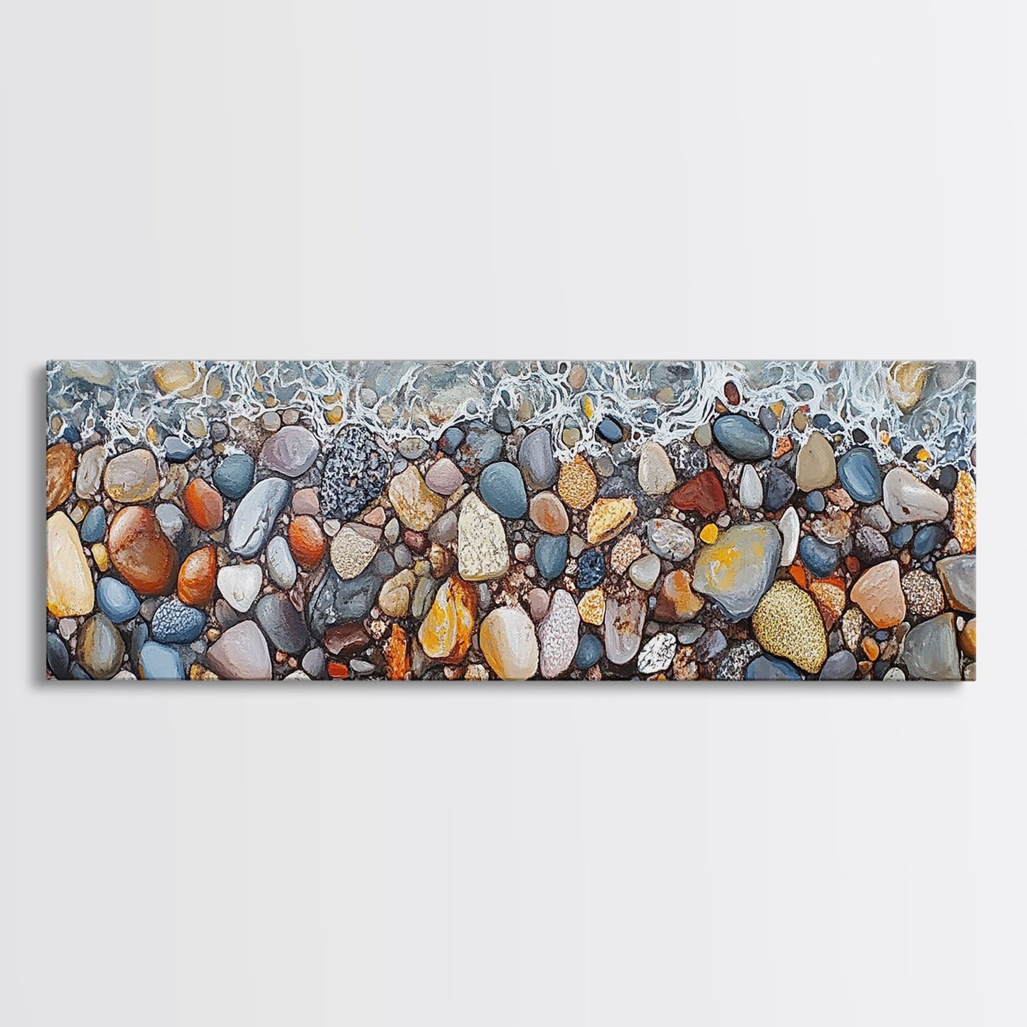 Coastal decor, ocean pebble art, beach rock painting, nautical wall art, seascape painting, long narrow wall art, canvas print