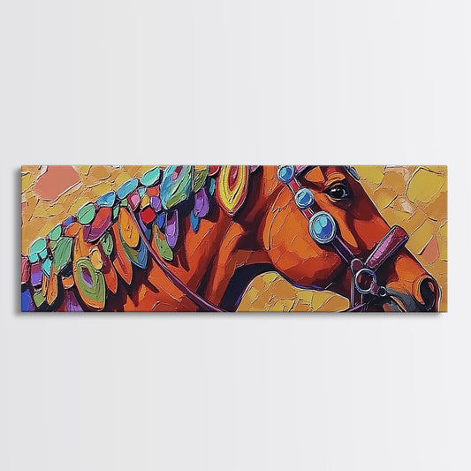 Colorful horse, abstract, horse wall art, rustic art, vintage horse art, panoramic painting, framed canvas print, extra wide art