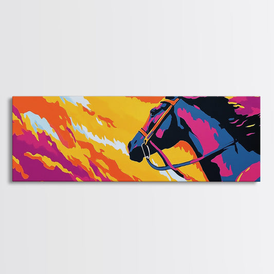Horse silhouette, sunset, pink orange wall art, colorful equestrian, western art, extra wide art, framed canvas print, panoramic painting