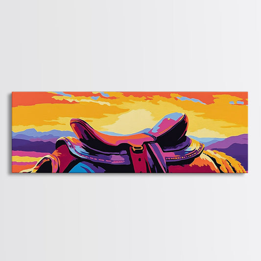 Colorful Saddle, coastal cowgirl wall art, horse wall art, pink orange wall art, extra wide art, framed canvas print, rustic decor