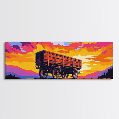 Sunset wagon, pink orange wall art, southwest wall art, geometric wall art, boho art, panoramic painting, framed canvas print, rustic decor