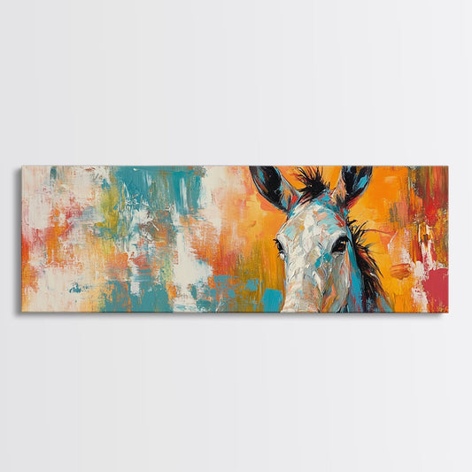 Colorful donkey, whimsical art, rustic decor, folk art, cottagecore wall art, framed canvas print, extra wide art, boho wall art, farmhouse art