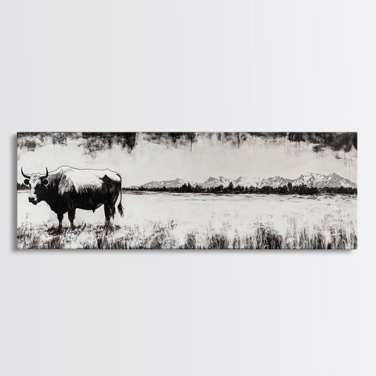Bull and bear art, black and white painting, rustic wall art, farmhouse decor, extra wide art, framed canvas print, moody art, landscape painting
