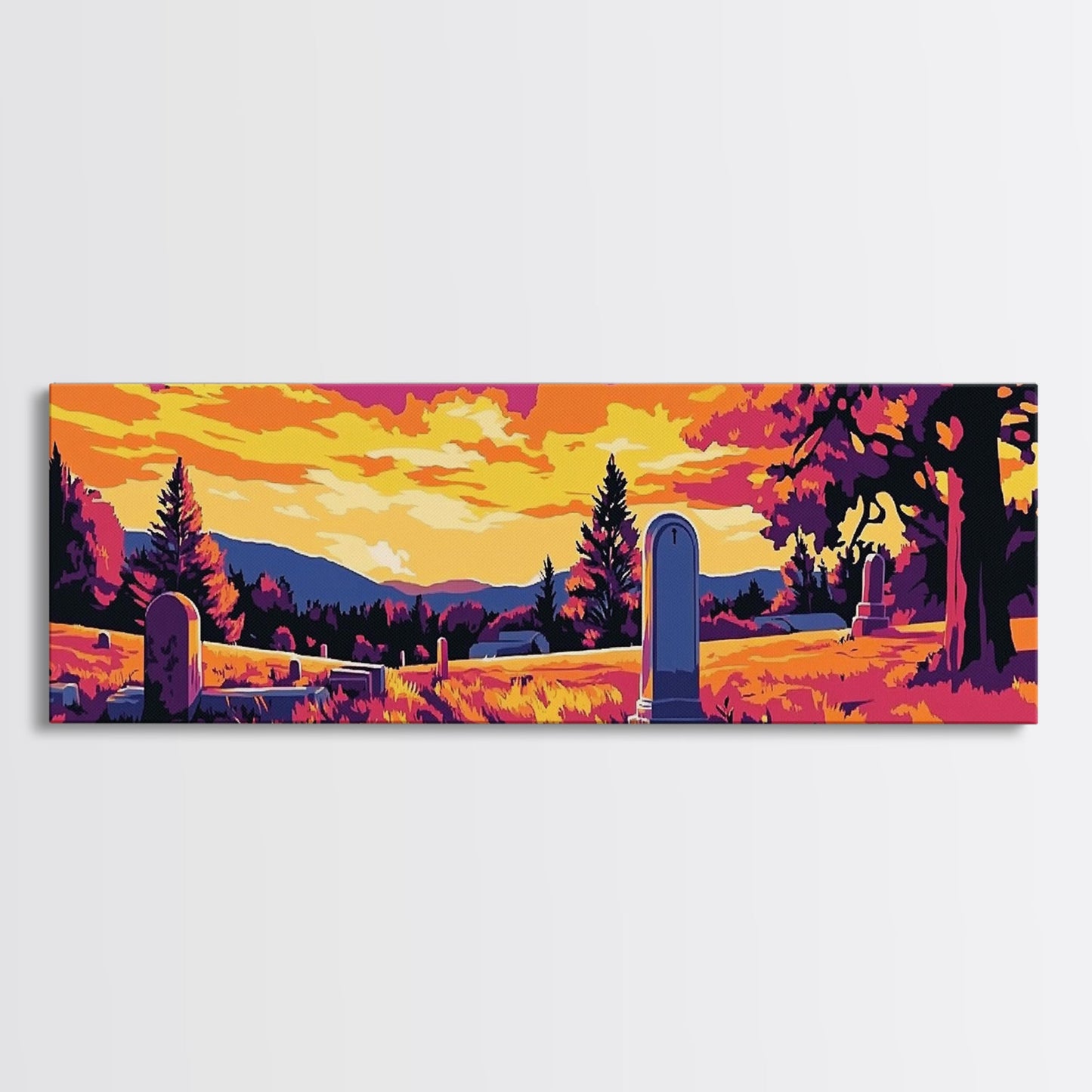 Western Graveyard, cowboy art, gothic painting, southwest wall art, dark angels wall art, extra wide moody art, framed canvas print