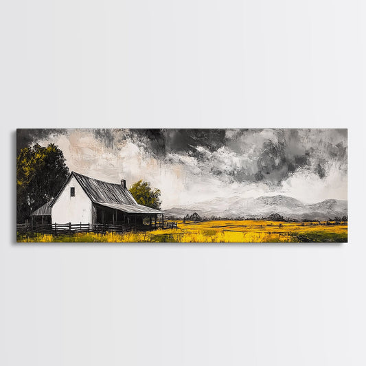 Stormy Farmhouse, rustic decor, farmhouse art, black and white painting, vintage homestead wall art, extra wide art, framed canvas print