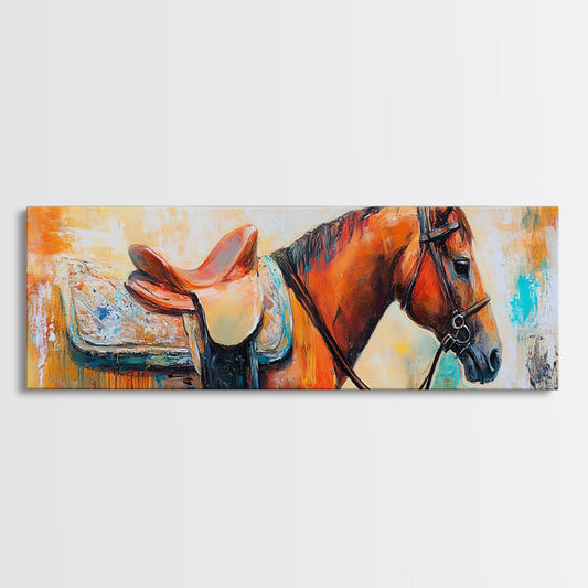 Saddled Horse, vintage horse art, rustic decor, cowboy painting, moody art, farmhouse art, western wall art, framed canvas print