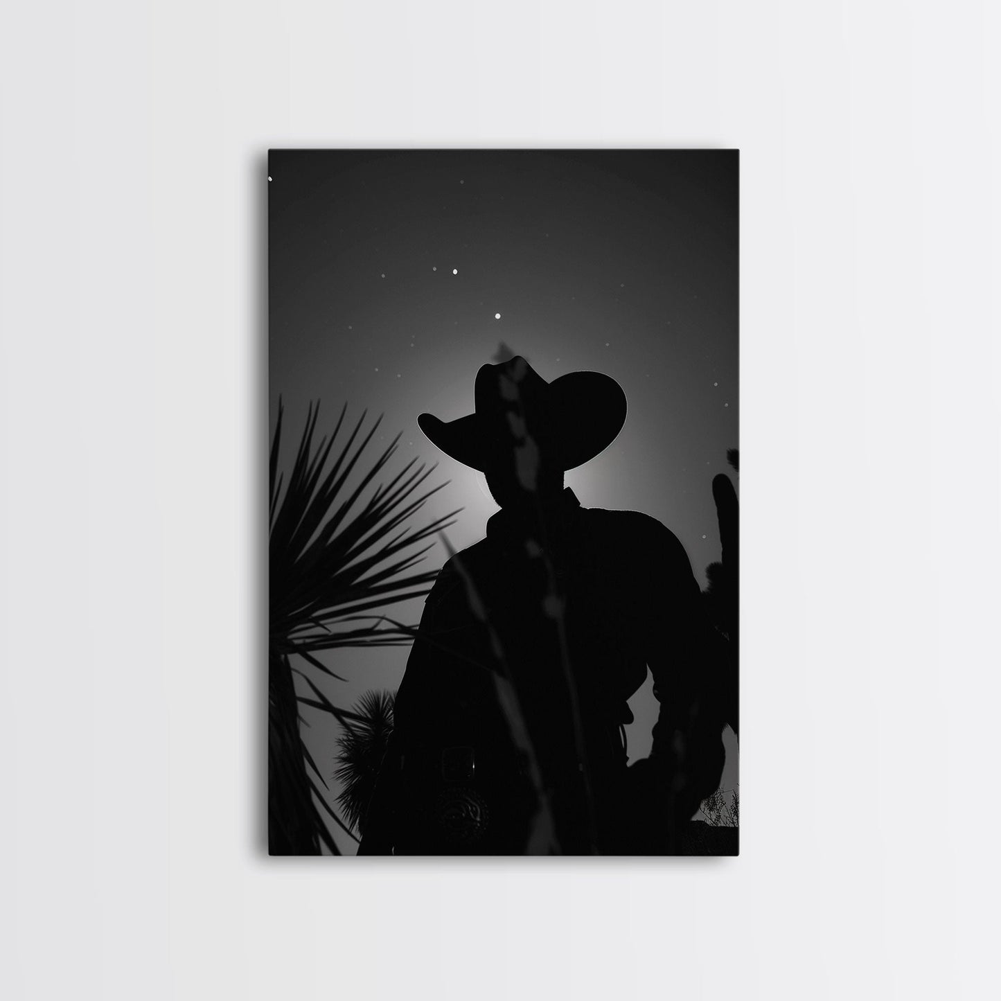 Lone Cowboy Silhouette under the Stars in Black and White for Rustic Wall Art, Canvas Prints, Home Decor, Living Room Art, Bedroom Art