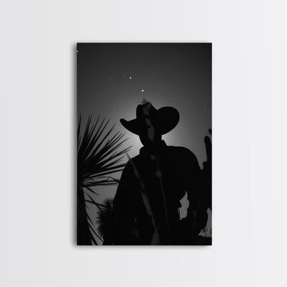 Lone Cowboy Silhouette under the Stars in Black and White for Rustic Wall Art, Canvas Prints, Home Decor, Living Room Art, Bedroom Art