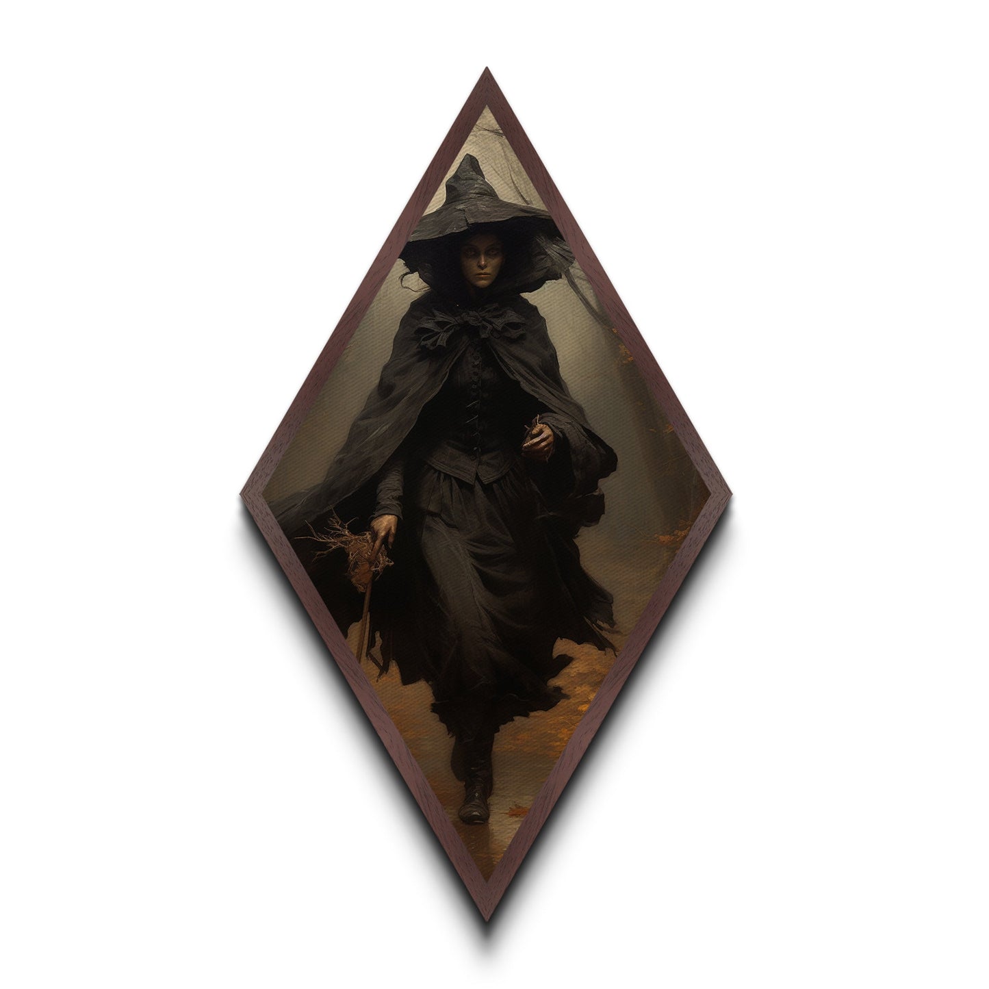 "Witch in the Woods" Canvas Embossed Print of Gothic Forest Sorceress, Diamond Shaped Art for Dark Academia Halloween or Victorian Occult Decor