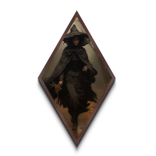 "Witch in the Woods" Canvas Embossed Print of Gothic Forest Sorceress, Diamond Shaped Art for Dark Academia Halloween or Victorian Occult Decor