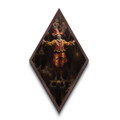 "The Hollow Ringleader" Diamond Shaped Art of Marionette Clown Canvas Embossed Print, Gothic Halloween Carnival Decor in Dark Circus Style