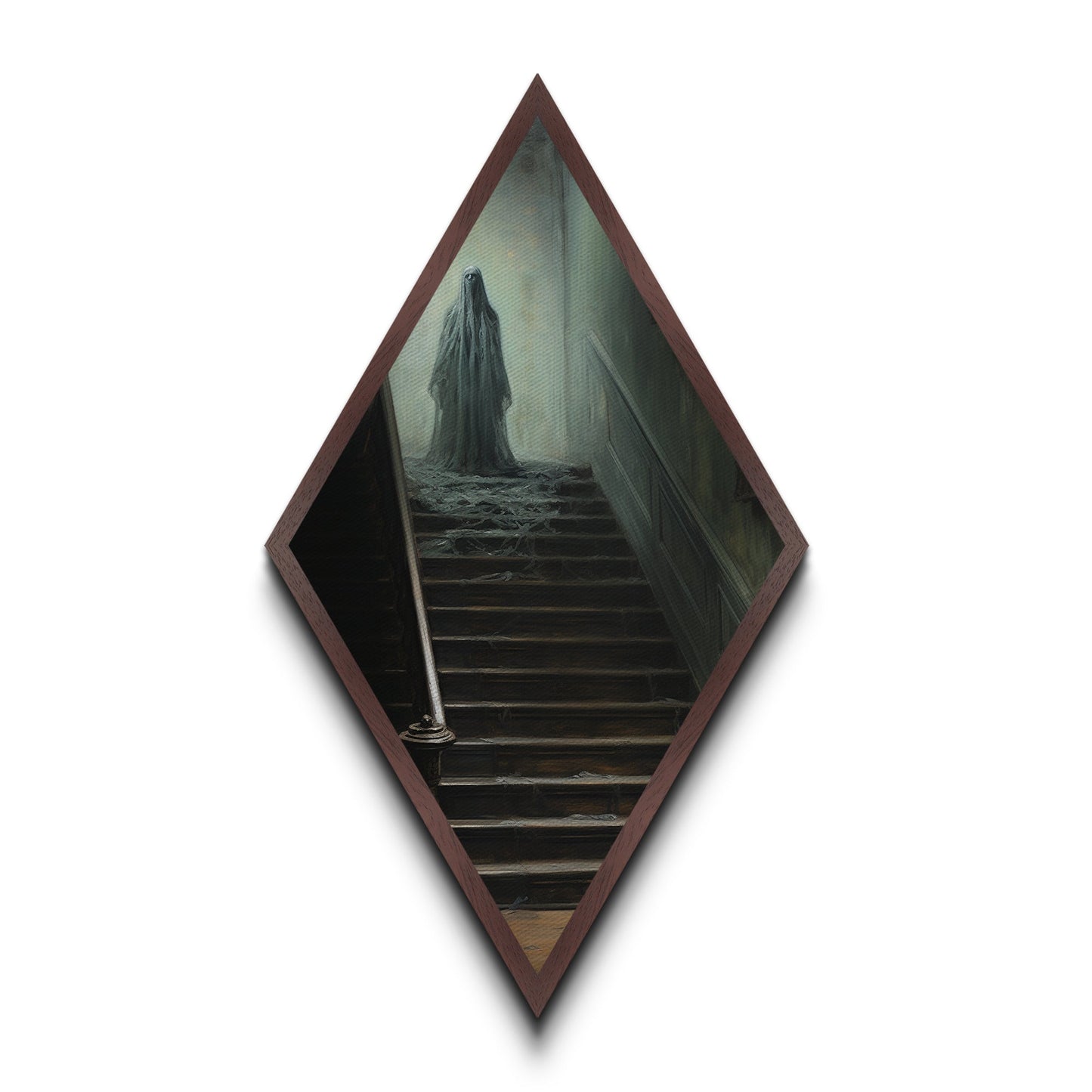 "The Waiting Cold" Haunted Stairwell Ghost Canvas Embossed Print, Diamond Shaped Art for Dark Academia Halloween or Gothic Paranormal Decor
