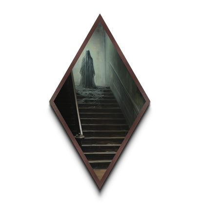 "The Waiting Cold" Haunted Stairwell Ghost Canvas Embossed Print, Diamond Shaped Art for Dark Academia Halloween or Gothic Paranormal Decor