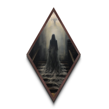 "Chandelier of Silence" Canvas Embossed Print of Spectral Figure Below Light, Diamond Shaped Art for Gothic Paranormal or Halloween Decor