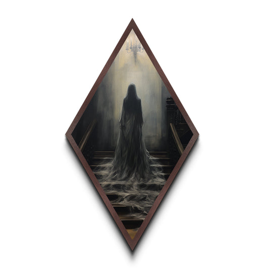 "Chandelier of Silence" Canvas Embossed Print of Spectral Figure Below Light, Diamond Shaped Art for Gothic Paranormal or Halloween Decor