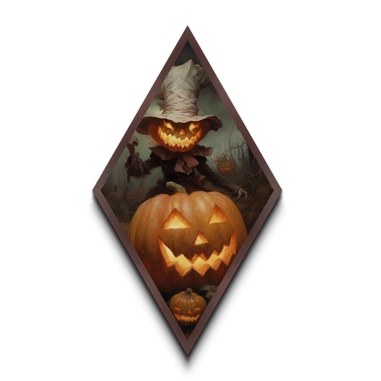 Pumpkin-headed scarecrow with eerie smile Canvas Art Print perfect for Halloween horror decor in Diamond Shaped Art style