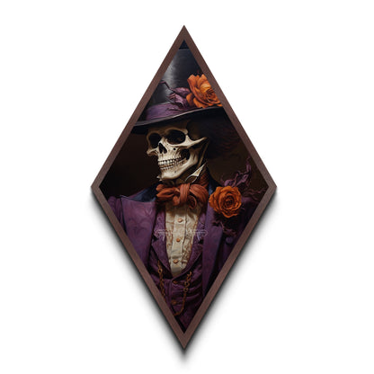 Skeleton in Purple Suit with Roses Diamond Shaped Art Canvas Art Print Romantic Gothic Halloween Dark Dandy Wall Decor