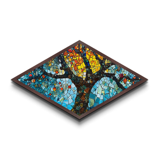 Colorful Roots Tree — Diamond Shaped Canvas Embossed Print mosaic forest decor, earthy bohemian vibe, vibrant zen wall accent