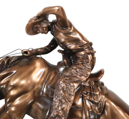 Rustic Western Rodeo Cowboy on a Rearing Horse Bronzed Resin Statue