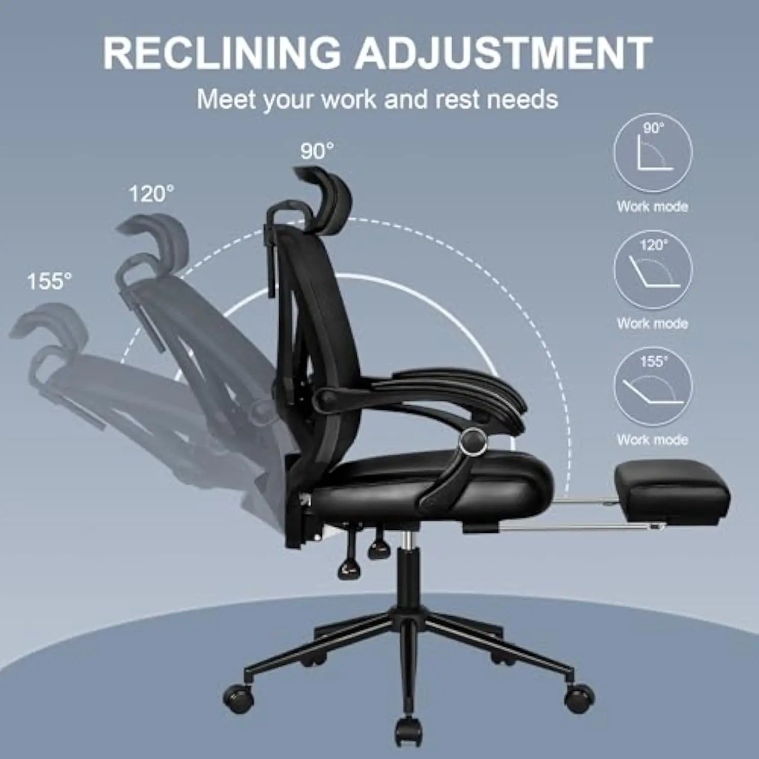 Ergonomic Office Chair with Footrest, Ergonomic Desk Chair with Adjustable 2D Lumbar Support, High Back Computer Chair with Ad