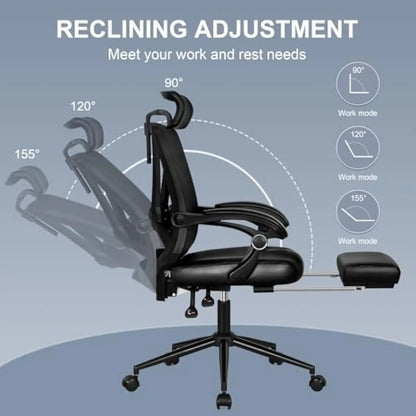 Ergonomic Office Chair with Footrest, Ergonomic Desk Chair with Adjustable 2D Lumbar Support, High Back Computer Chair with Ad