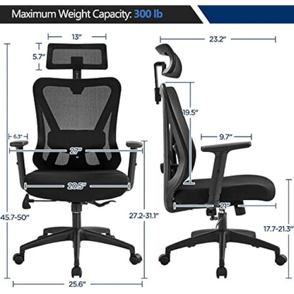 Ergonomic Office Chair High Back Mesh Computer Chair with Adjustable Headrest and Lumbar Support and 2D Armrest for Home Offic