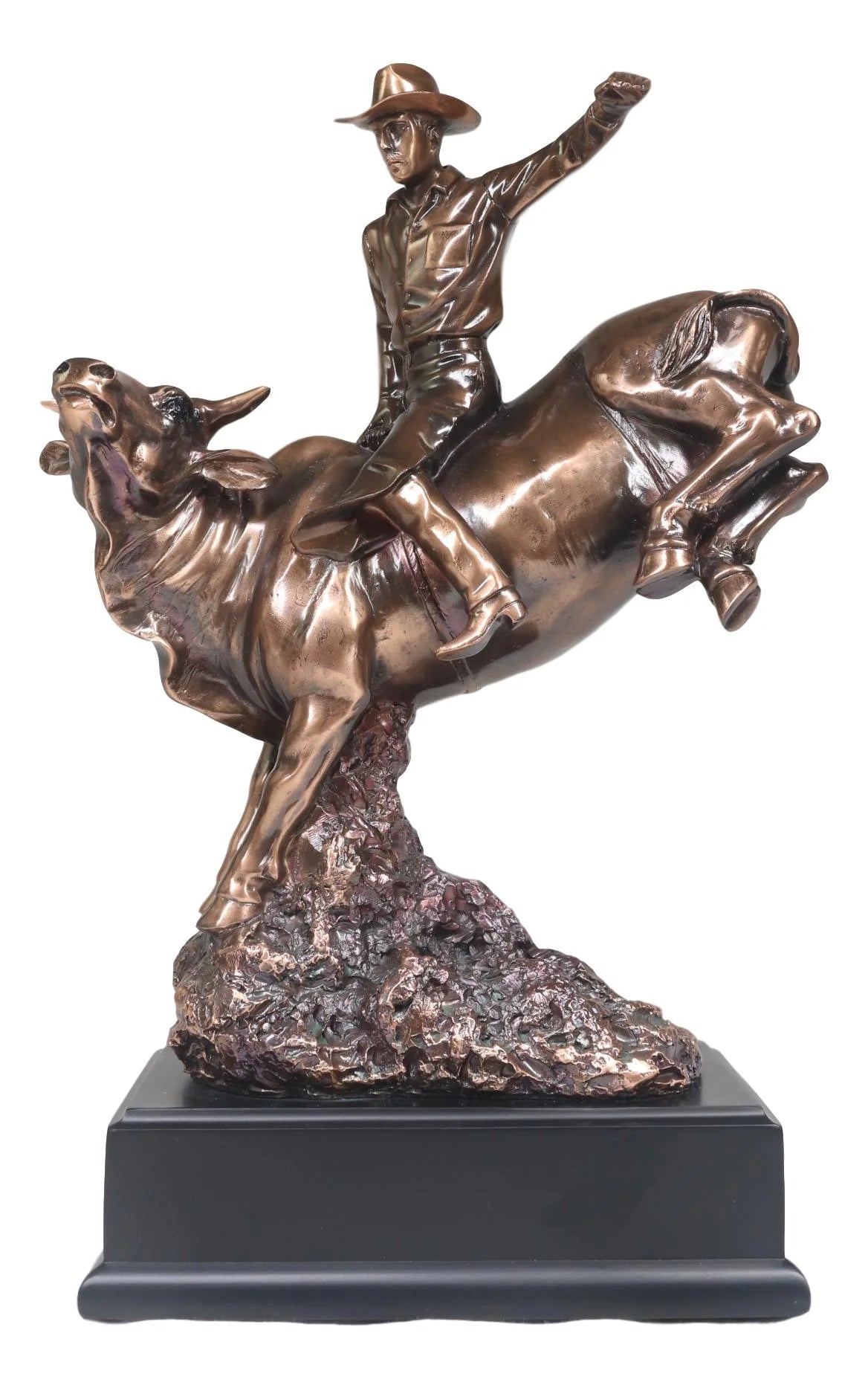 Wild Western Rodeo Cowboy with Bucking Bull Bronze Electroplated Statue