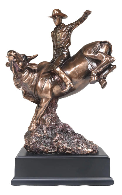 Wild Western Rodeo Cowboy with Bucking Bull Bronze Electroplated Statue