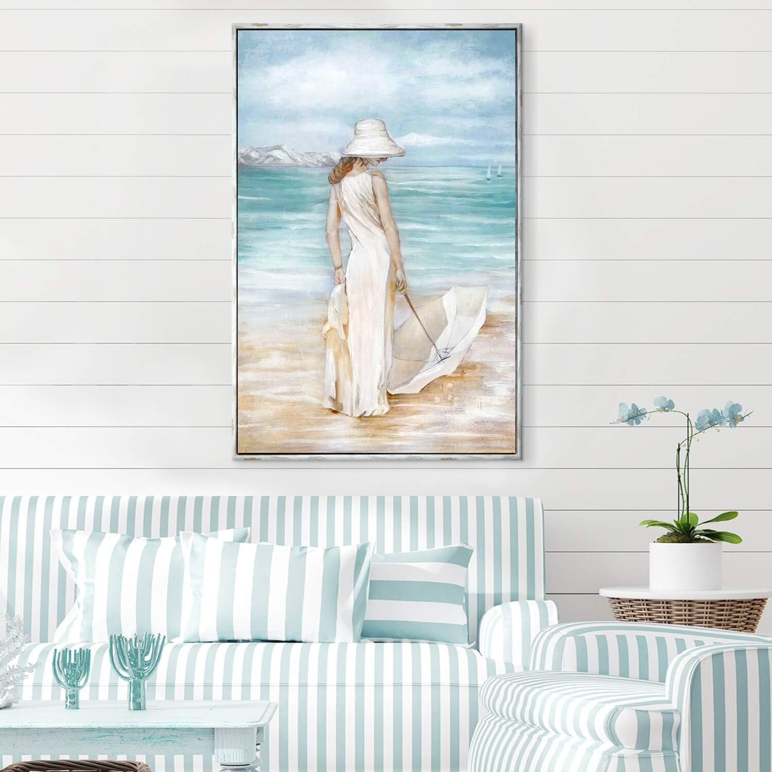 Modern Coastal Beach Canvas Art - Hand-Painted Ocean Scene with Women & Umbrella - Framed Wall Décor for Bedroom (45” x 30”)