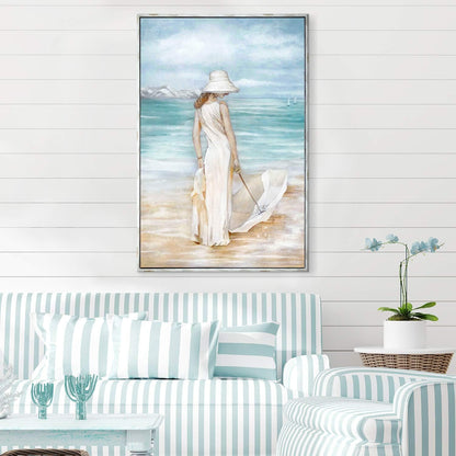 Modern Coastal Beach Canvas Art - Hand-Painted Ocean Scene with Women & Umbrella - Framed Wall Décor for Bedroom (45” x 30”)
