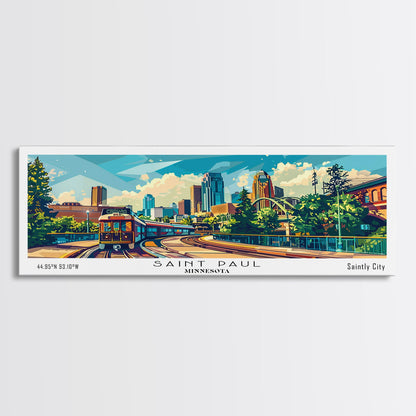 Saint Paul Minnesota Panoramic Framed Canvas Print, Mid Century Modern Pop Art, Retro Wall Art Decor, Travel Poster Painting