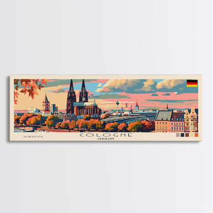 Cologne Germany Panoramic Travel Poster, Framed Canvas Print or Metal Wall Art, Travel Art, Home Decor, Panoramic Painting, Midcentury Art