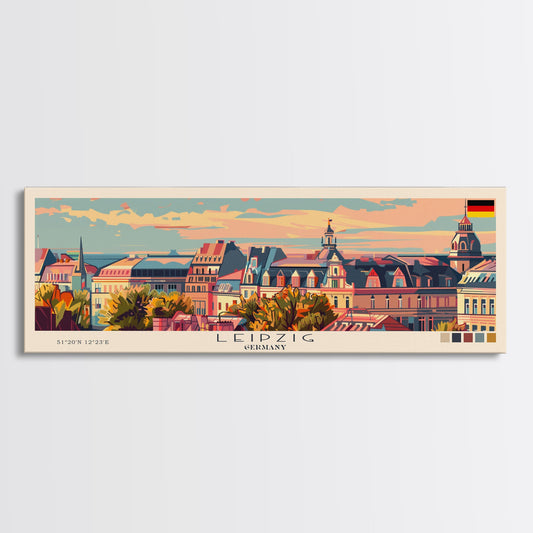 Leipzig Germany Panoramic Travel Poster, Framed Canvas Print or Metal Wall Art, Travel Art, Home Decor, Panoramic Painting, Midcentury Art