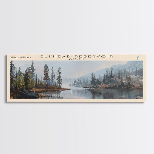 Elkhead Reservoir Colorado Framed Canvas Print, Panoramic Lake House Decor, Wall Art, Travel Poster, Rustic Lake Painting, Nature Art