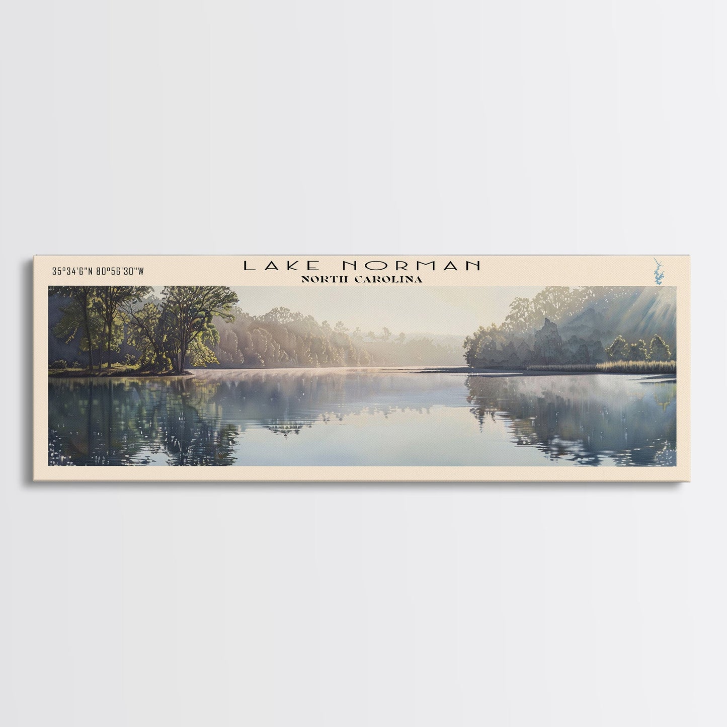 Lake Norman North Carolina Framed Canvas Print, Lake House Decor, Panoramic Wall Art, Travel Poster, Scenic Landscape Painting, Contemporary Art