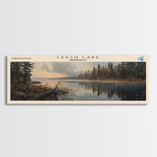 Leech Lake Framed Canvas Print, Lake House Decor, Panoramic Wall Art, Travel Poster, Landscape Painting, Cottage Art
