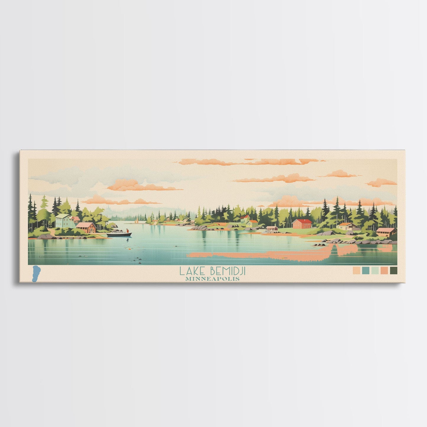 Lake Bemidji Minneapolis Framed Canvas Print, Panoramic Wall Art, Midcentury Modern, Pop Art, Bedroom Decor, Travel Poster, Living Room Art