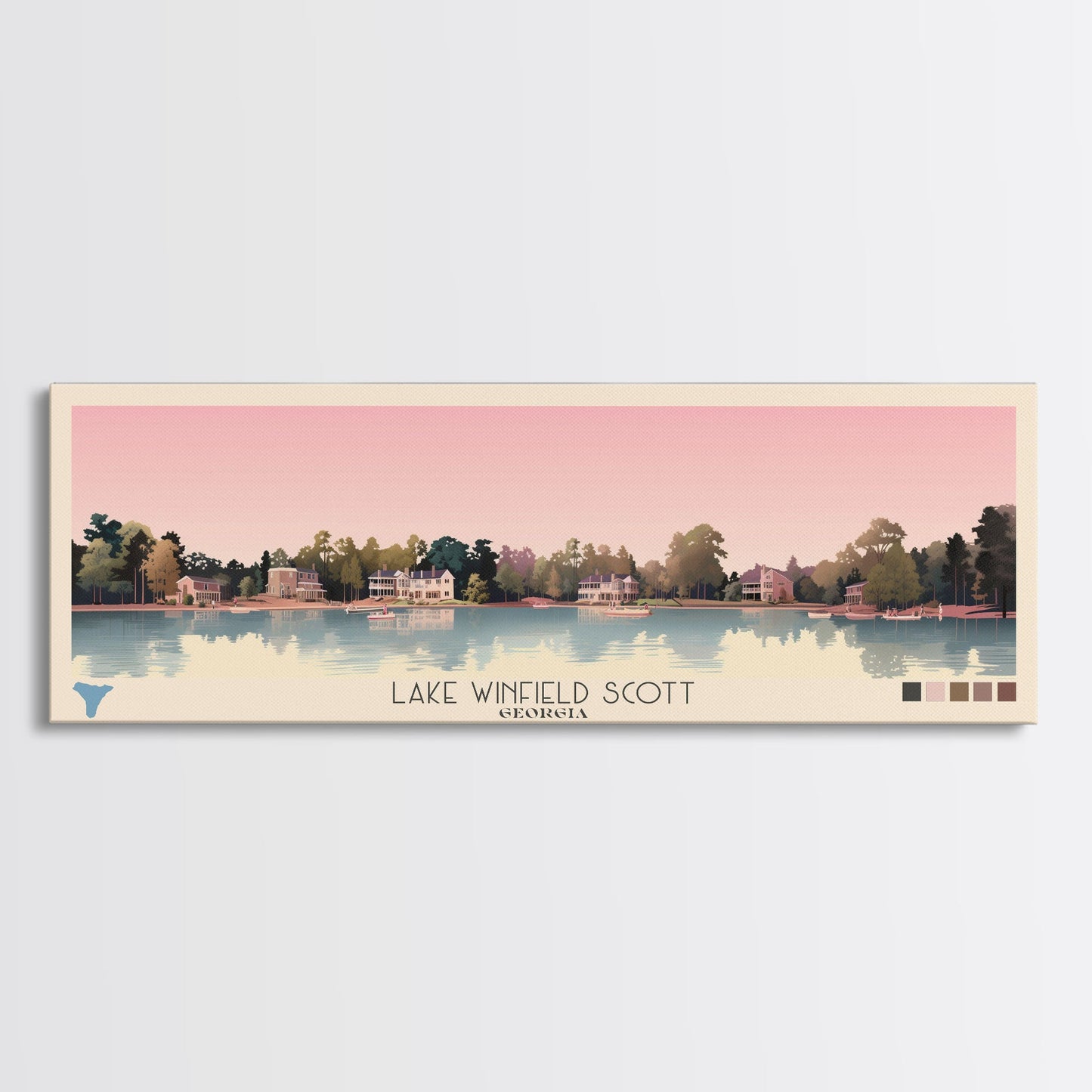 Lake Winfield Scott, Georgia Panoramic Wall Art Framed Canvas Print, Midcentury Modern, Pop Art, Home Decor, Travel Poster, Living Room Art