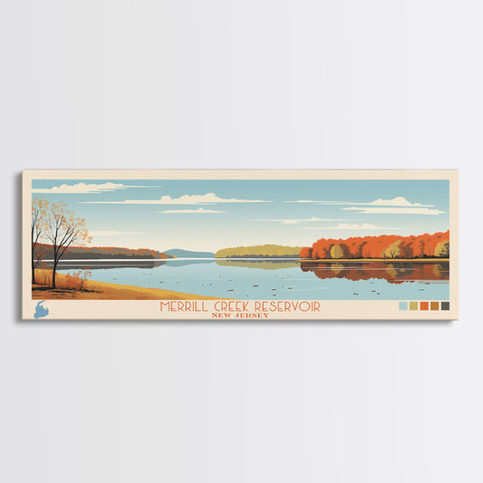 Merrill Creek Reservoir, New Jersey Panoramic Wall Art Framed Canvas Print, Midcentury Modern, Pop Art, Home Decor, Travel Poster, Living Room Art