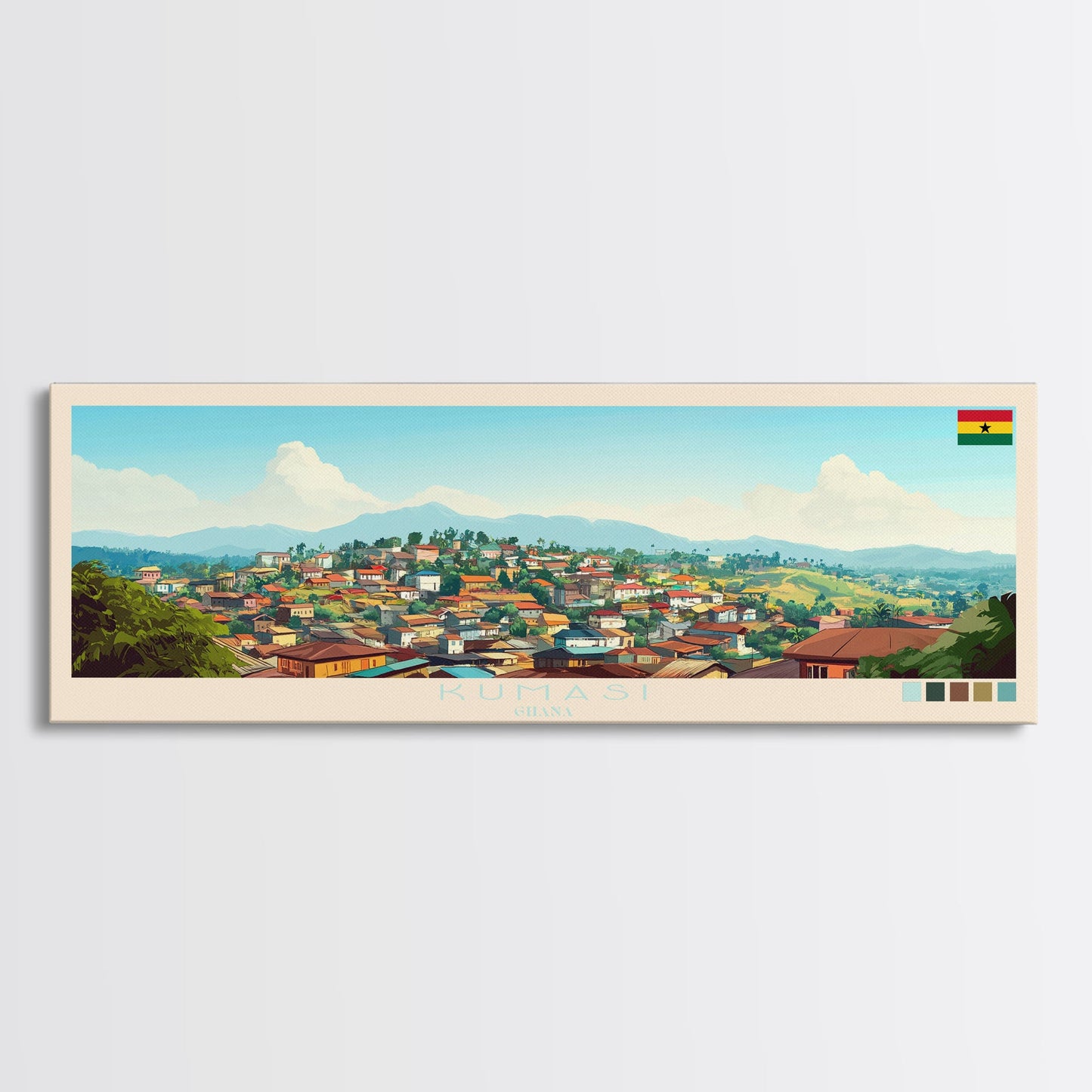 Kumasi, Ghana Panoramic Travel Poster Canvas Print, Kumasi, Ghana Painting, Ghana Art, Kumasi Panoramic Travel Art, Travel Painting
