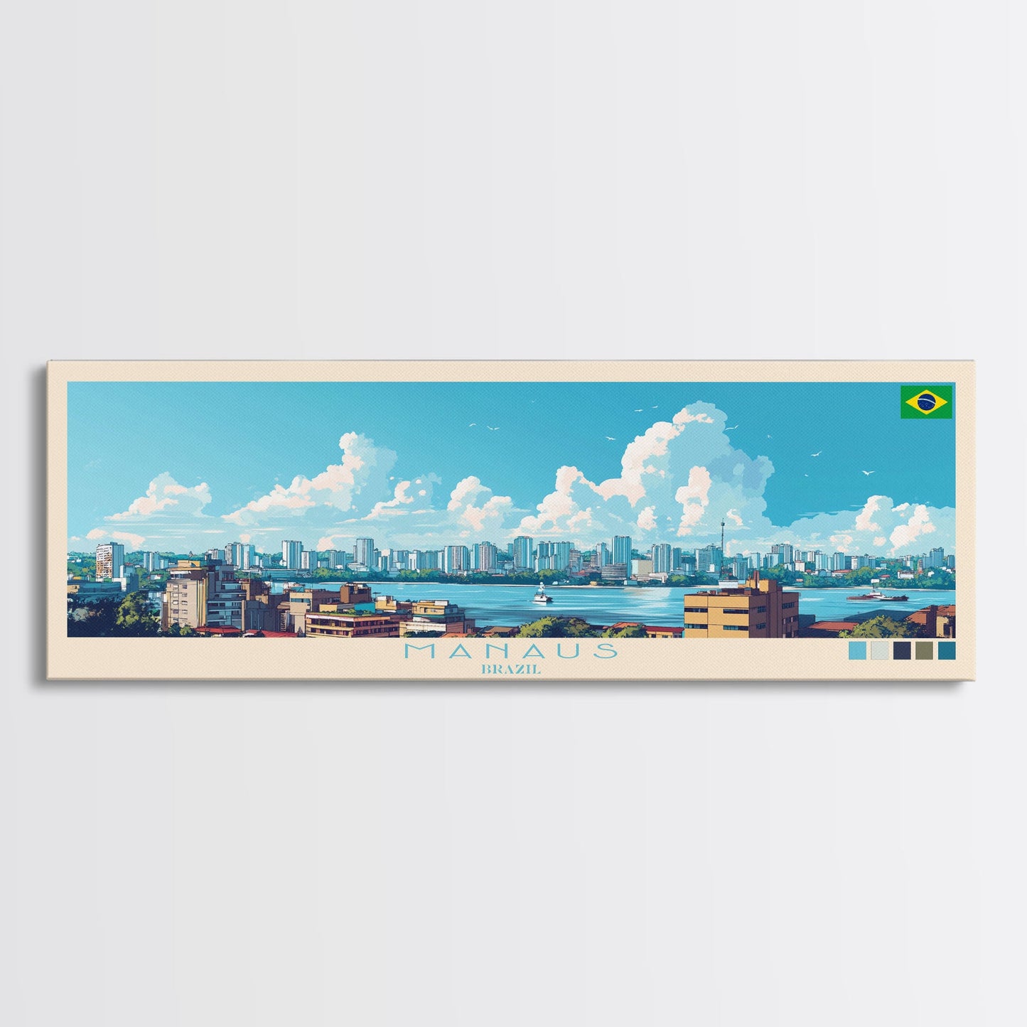 Manaus, Brazil Panoramic Travel Poster Canvas Print, Manaus, Brazil Painting, Brazil Art, Manaus Panoramic Travel Art, Travel Painting
