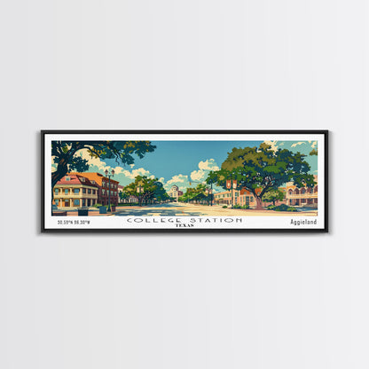 College Station Texas Panoramic Painting, Mid Century Modern Framed Canvas Print, Retro Pop Art Travel Poster, Living Room Art, Home Decor